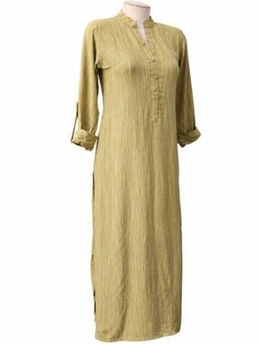 Libas Vintage Kaftan Maxi Dress M Lime Green Stripe Roll Tab Sleeve Boho Resort